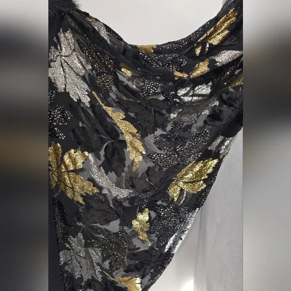 RICHILENE Elegant Black gown With Metallic Gold And Silver Leafs RARE GOWN